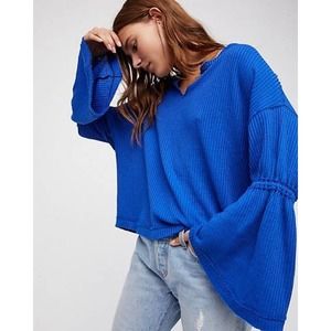 Free People Top XS Blue Waffle Knit Thermal Dahlia Bell Long Sleeve V-Neck